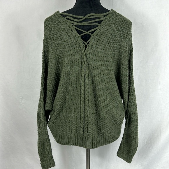 Juniors Rue21 Army Green Cropped Knit Sweater with Lace Up Detail - Picture 2 of 5